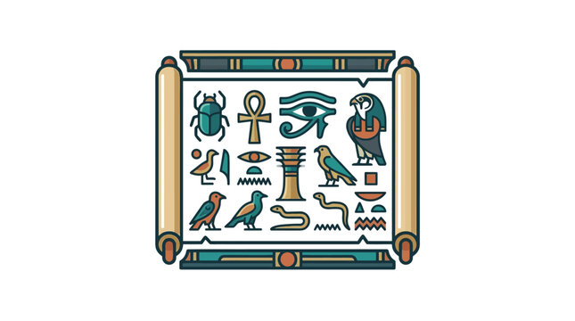 Egyptian papyrus scroll with colorful hieroglyphic inscriptions.
