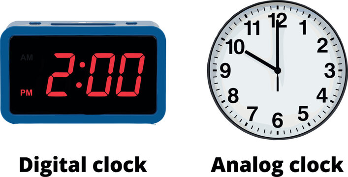 Digital clock with red LED display and analog clock comparison vector illustration isolated on white background educational graphic for school time telling lesson worksheet