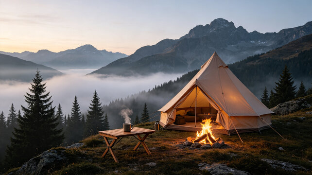 Cozy glamping setup with a bell tent, campfire, and steaming coffee overlooking misty mountains at dawn. Peaceful mountain retreat.