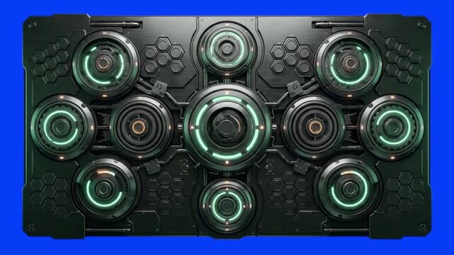 A detailed 3D render of a futuristic cybernetic wall structure featuring circular mechanical modules and green light elements. Ideal for science fiction background loops, UI designs, and game environm