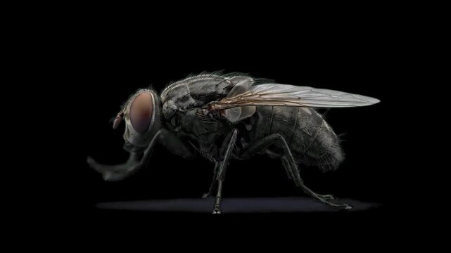 High-contrast 3D render of a common housefly in side view, isolated against a solid pitch-black background. Perfect for cinematic nature teasers, dark macro photography styles, high-contrast VFX overl