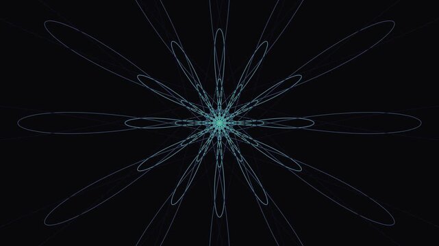 Intricate glowing cyan geometric mandala with radiating linear loops, symbolizing sacred geometry, balance and mathematical harmony