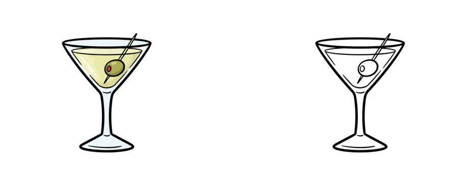 Martini glass cartoon illustration in yellow and white colors representing a stemware vessel used for serving alcoholic cocktails decorated with an olive on a toothpick
