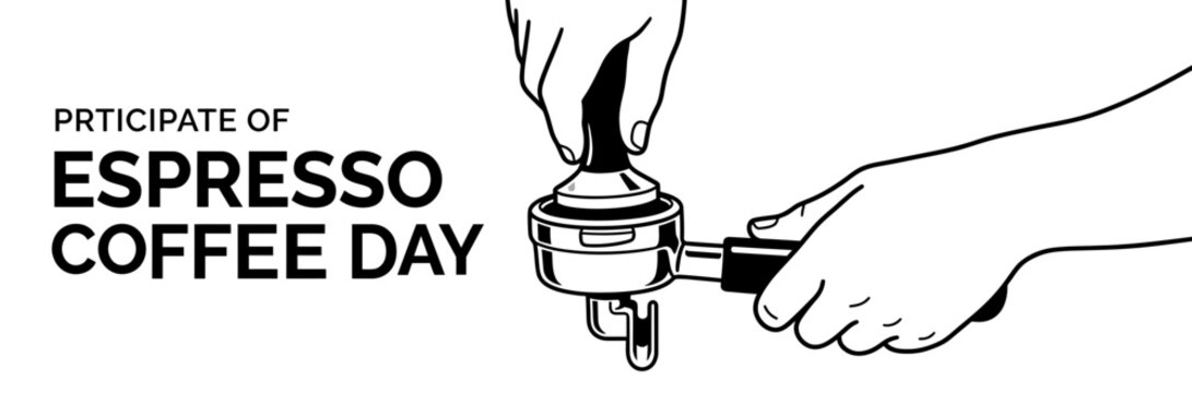 Line art illustration of a barista tamping ground coffee into a portafilter for espresso.