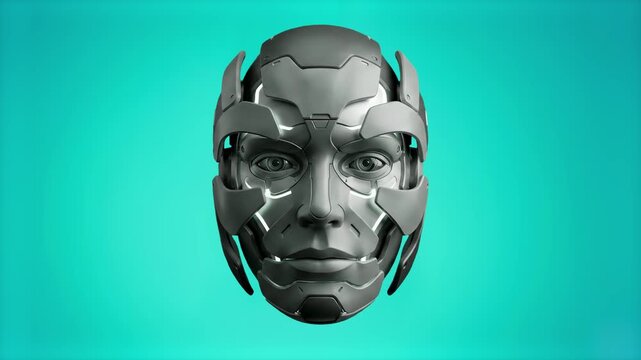 High-detail 3D render of a futuristic silver cyborg human face with artificial metallic plates, set against a smooth cyan background. Great for AI technology banners, cyberpunk character design, futur