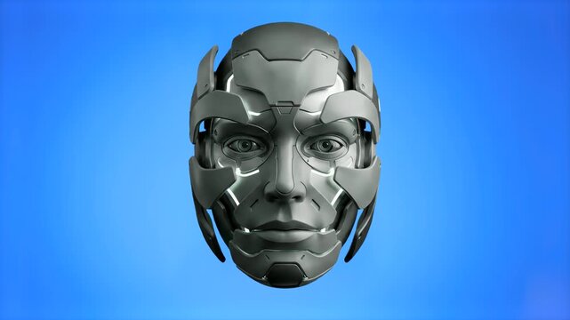 A detailed 3D model close-up of a cybernetic robot face and humanoid cyborg head with intricate mechanical detailing, set against a solid blue studio backdrop. Ideal for AI technology videos, futurist