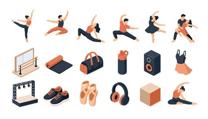 Flat design icons of dance fitness and music items. © Kenn