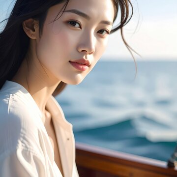 Portrait of a young woman looking at the camera on a boat at sea in sunlight
