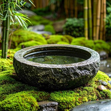 Stone water basin in a lush Japanese moss garden with bamboo, serene mood