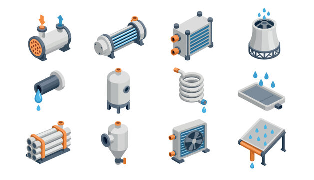 Isometric industrial cooling systems and heat exchangers collection.