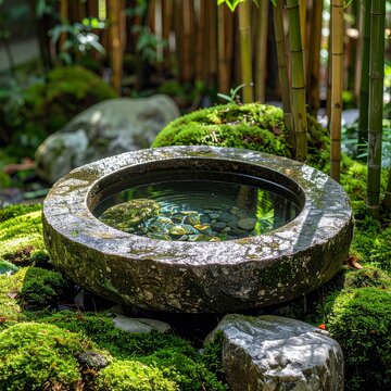 Stone water basin in a lush Japanese moss garden with bamboo forest background