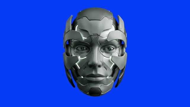A front-facing 3D render of a cybernetic robot head with metallic armor plates and glowing light details, presented against a bright blue studio backdrop. Perfect for tech banners, AI promo clips, fut