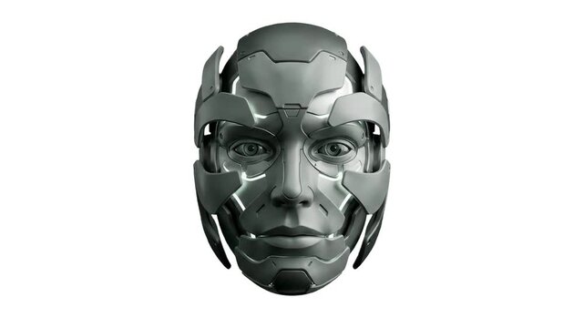 A detailed 3D render of a futuristic metallic cyborg head with human facial features and glowing circuit accents, isolated against a solid white background. Ideal for artificial intelligence concepts,