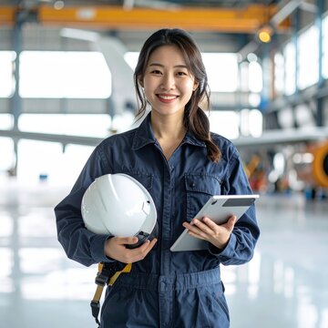 Smiling female engineer holding a hard hat and tablet in an aircraft hangar