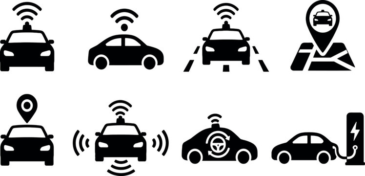 Autonomous Vehicle and Smart Transportation Icon Set Featuring Self-Driving Cars, Electric Charging Stations, GPS Navigation Map, Wireless Connectivity Symbols, and Autopilot Technology.