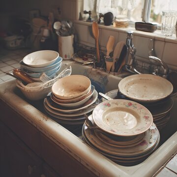 Unhygienic kitchen scene with dirty crockery and sink banner