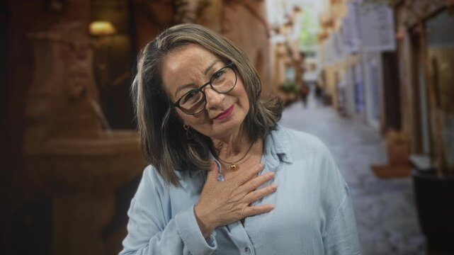 Senior woman with hand on chest, wearing glasses and necklace, standing in a narrow stone street; gratitude reflection memory.
