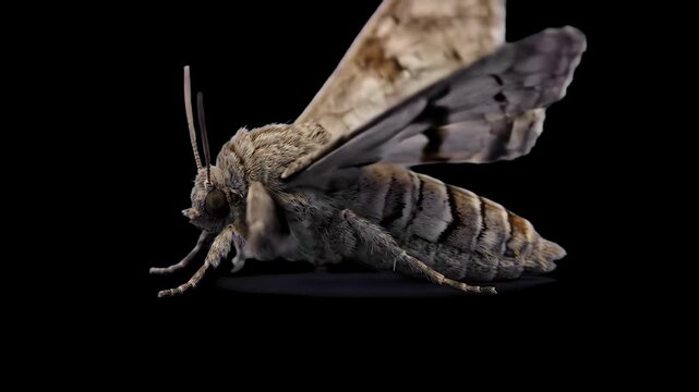 A realistic 3D render of a night moth insect showing close-up details of its textured wings, antennae, and furry body isolated against a dark black backdrop. Great for nature documentaries, biology ed