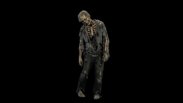 A 3D model of a male zombie standing in a limp, hunched pose against a solid black background. Ideal for horror visual effects overlays and game design assets.