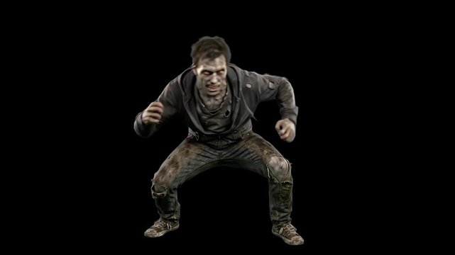A creepy 3D male zombie crouching low in a hostile attack pose isolated on a black background. Great for horror movie promos, survival game assets, and dark cinematic overlays.