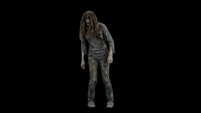 A full-body 3D render of a female zombie standing in a hunched pose on a black background. Designed for cinematic horror overlays, Halloween teasers, and VFX keying.
