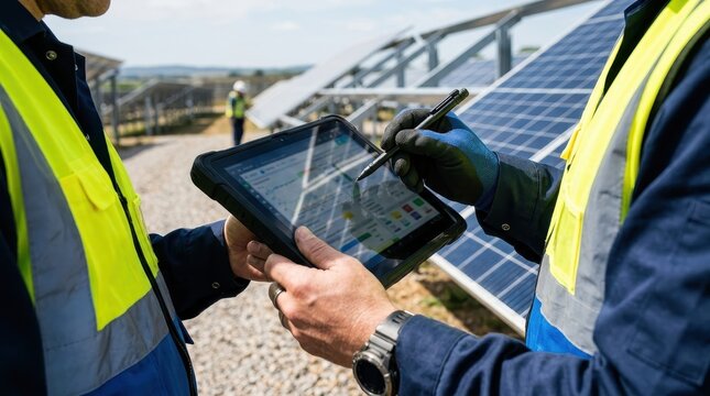 Two engineers discussing project details while reviewing plans on a tablet at a solar energy site under clear skies.