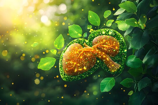 Vibrant liver illustration paired with green leaves wellness concept photo