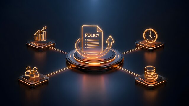Modern corporate compliance strategy featuring glowing digital policy document interface with interconnected business network nodes for secure regulatory standard implementation and data governance.