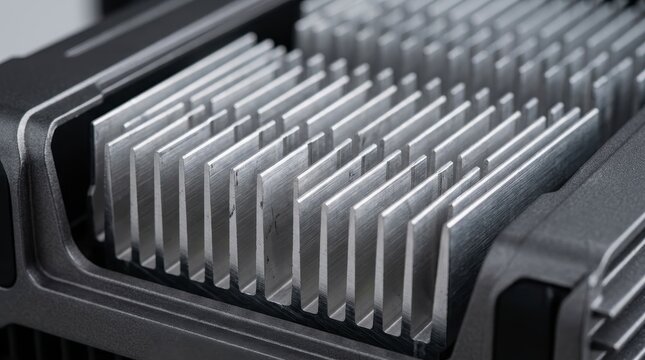 Close-up of a metallic heat sink cooling component, showcasing its intricate design and functionality in modern electronics.