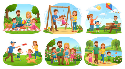 Fototapeta premium Set of vector illustrations featuring happy family activities like picnics, park walks, and playground fun