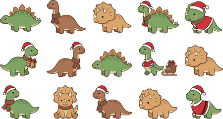 Cute Christmas cartoon dinosaurs vector illustration set featuring baby triceratops and stegosaurus wearing Santa hats for holiday sticker pack design. © MdArif