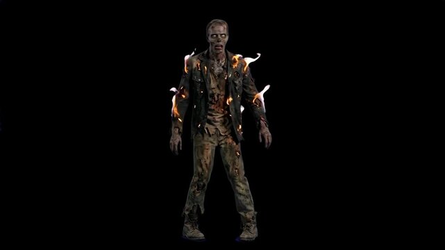 A 3D zombie character engulfed in fire and smoke standing against a black background. Great for action horror scenes, post-apocalyptic game trailers, and dark fantasy visual effects.
