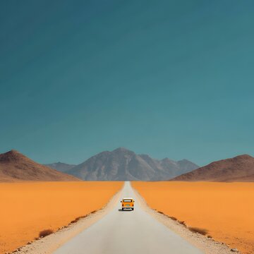 Vintage camper driving through desert canyon with mountain views picture