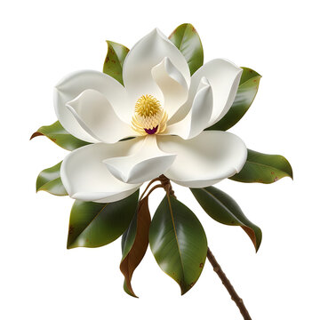 Beautiful white magnolia flower with green leaves isolated on white background