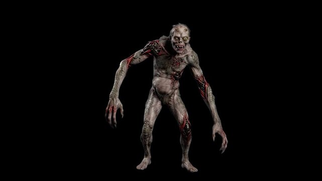 A terrifying decaying zombie mutant creature creeping forward with outstretched arms, isolated on a solid black background. Excellent for horror video games, Halloween event promo videos, dark fantasy