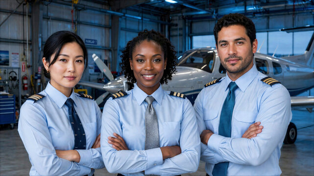 Diverse team of professional pilots in blue uniforms posing with arms crossed in an aircraft hangar with a private plane.