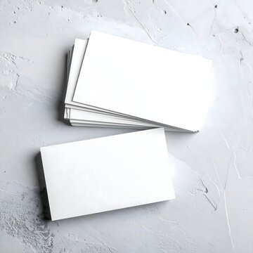 Stacked blank white horizontal business cards resting on textured gray concrete surface mockup