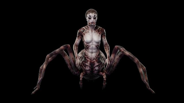 A full-body 3D render of a dark spider creature with a humanoid torso sitting against a dark black background. Great for horror movie VFX overlays, dark fantasy games, and eerie cinematic scenes.