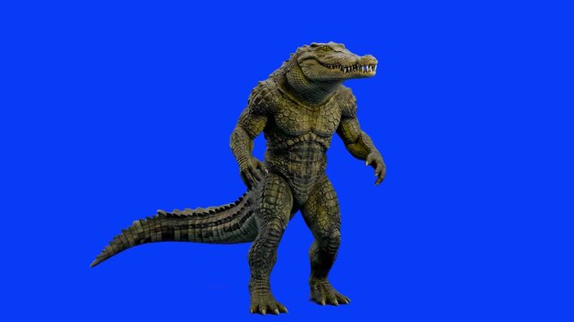 A muscular 3D alligator humanoid monster standing upright against a blue screen background. Great for fantasy film production, monster game assets, and VFX keying.