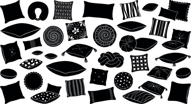 Pillow and cushion silhouette vector icon set collection with various shapes and patterns isolated on white background minimalist black home decor bedding concept banner poster