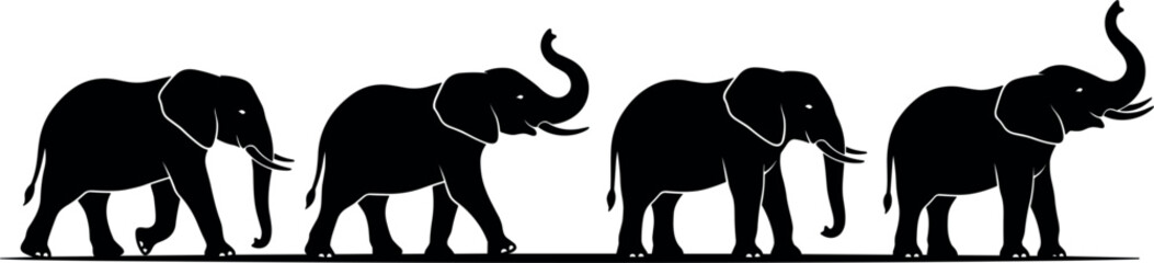 African elephant family silhouette vector illustration row of walking elephants isolated on white background minimalist black shape design for wildlife safari poster banner © MdArif