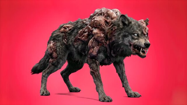 A full-body 3D render of a fierce, mutated zombie wolf creature standing in profile against a bright red and pink studio background. Ideal for horror video games, Halloween visuals, and dark fantasy V