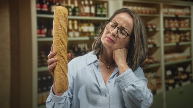 Hispanic woman holding a baguette in one hand and rubbing her neck with the other while standing in a building aisle; pensive reflection.