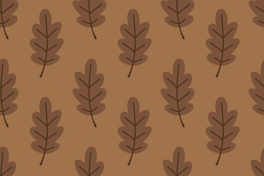 Seamless pattern with oak leaves in flat style on brown background