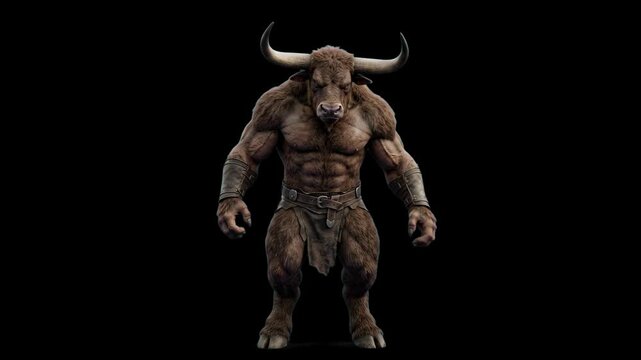 A muscular 3D fantasy minotaur monster character standing in a powerful pose isolated on a sleek black backdrop. Perfect for video game character assets, fantasy film visuals, mythical creature concep
