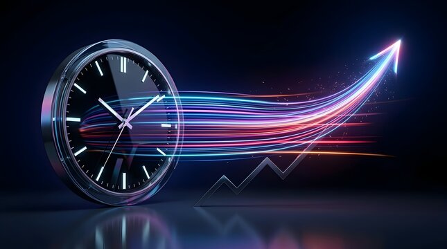 Silver wall clock speeding forward with glowing neon light trails and rising arrow representing time management and rapid financial growth