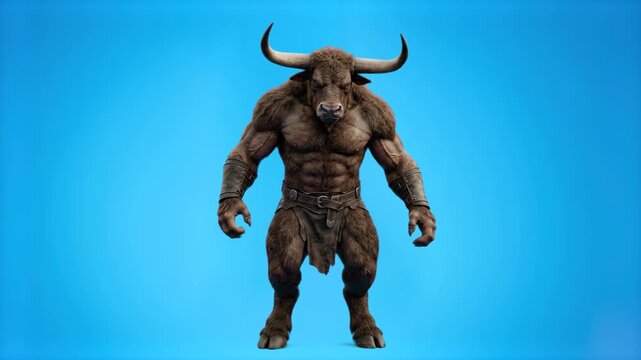 A full-body 3D render of a muscular minotaur monster standing against a clean blue studio background. Ideal for fantasy gaming promos, cinematic video assets, and mythology concepts.