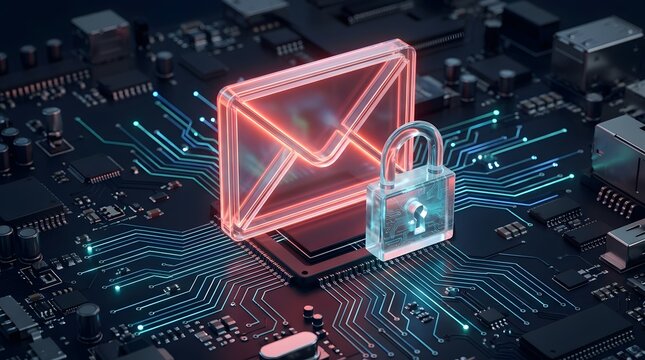 Glowing red neon email envelope and glass padlock on futuristic motherboard representing secure digital communication
