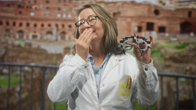 Senior woman optometrist in white coat holds trial frame with right hand and covers mouth with left hand, smiling in building; compassionate care joyful.