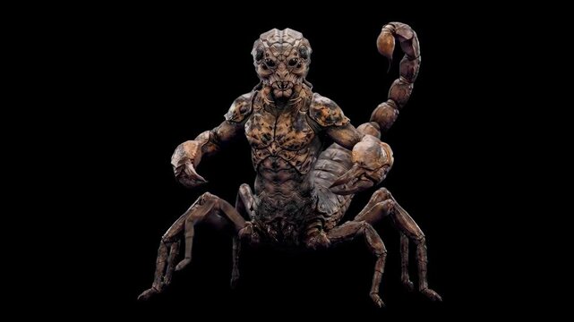 High-contrast 3D render of a monstrous scorpion creature with raised pincers and tail stinger, isolated against a pitch-black background. Excellent for atmospheric horror trailers, dark fantasy teaser